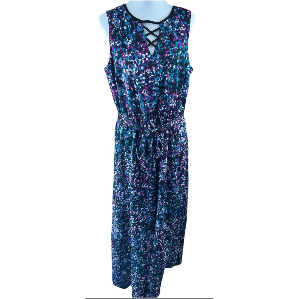 Lane Bryant Floral Maxi Dress Wn's 14 Chiffon Blue purple Sleeveless Belted READ